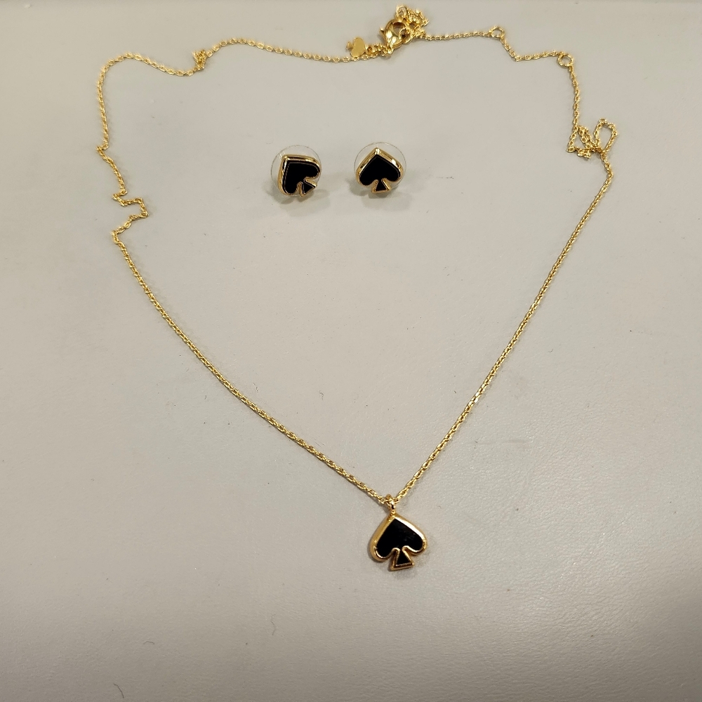 New W/Out Tags Kate Spade Gold/Black  Spade Enamel Stud Earrings & Necklace